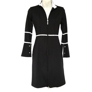 ANATOMIE Dress Black Stretch Long Sleeves Full Front Zipper White Trim